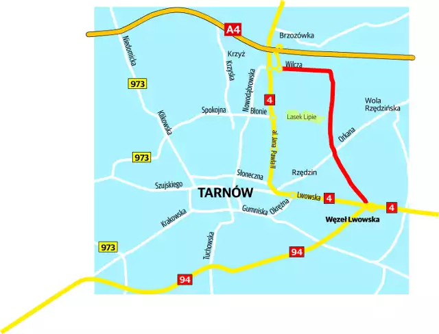 Wschodnia obwodnica (zaznaczona na czerwono) ma odciążyć centrum Tarnowa.