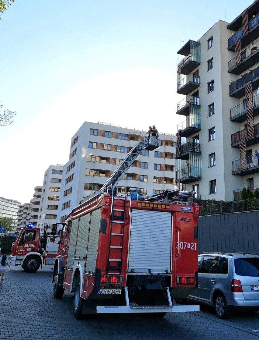 Strażacy przyjechali na pomoc z drabiną mechaniczną