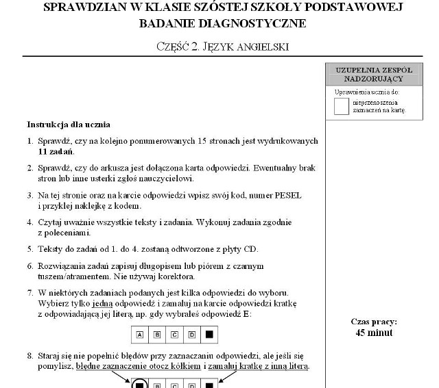 Próbny sprawdzian szóstoklasisty styczeń 2015 - język angielski Operon 2015, arkusze i odpowiedzi Operon 2015