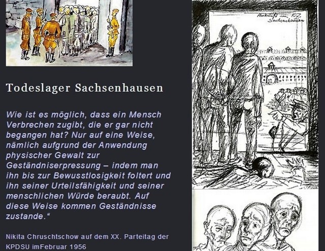 Strona z  ulotki  informuje o "Obozie zagłady Sachsenhausen" dla Niemców. Nie wspomina, że  założyli go i mordowali w nim Niemcy.