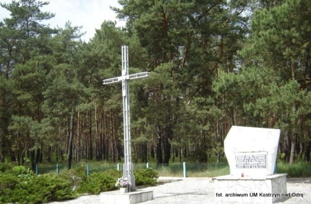 Obelisk oraz krzyż znajdują się na terenie cmentarza, sąsiadującego z obozem jenieckim Stalag III C.