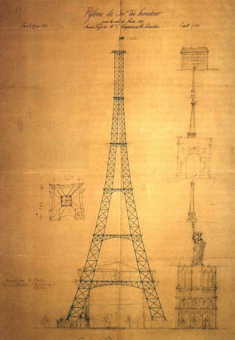 Rysunek wieży Eiffla autorstwa Maurice’a Koechlin (ok. 1884)...