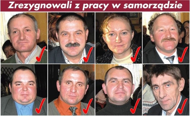 pracy w samorządzie zrezygnowali: Waldemar Andruszkiewicz (u góry od lewej), Kazimierz Czerwiński, Elżbieta Hołdyńska, Tadeusz Radzewicz, Piotr Rawinis (u dołu od lewej), Marian Rudziewicz, Marek Rudzewicz oraz Jan Szydłowski