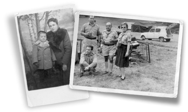 Janina Bałabuszyńska z synem Wieśkiem w 1941 r. podczas okupacji sowieckiej. Obok Janina z mężem Zdzisławem, synem i kolegą w 1964 r.  daleko od kraju