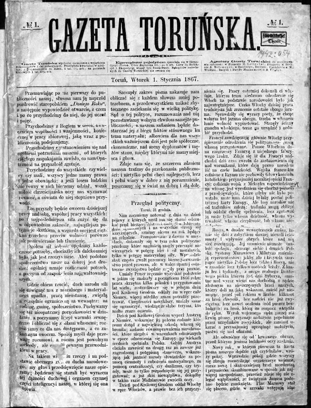 Pierwsza strona pierwszego wydania "Gazety Toruńskiej" z 1 stycznia 1867 roku.