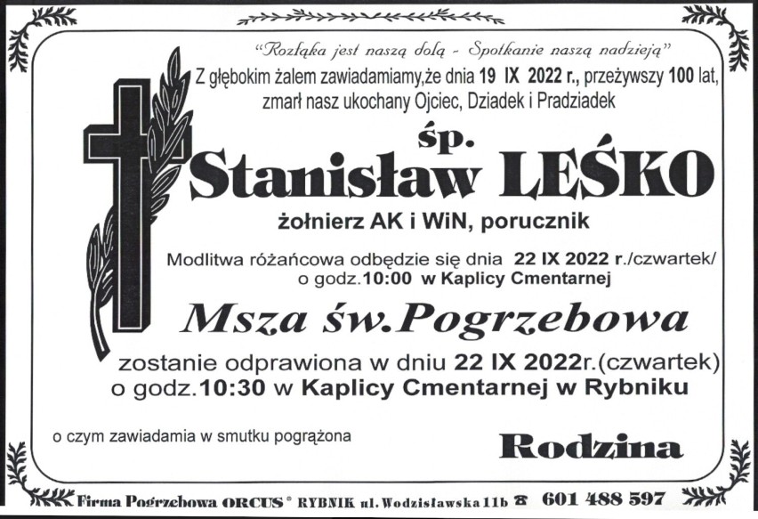 Nie żyje por. Stanisław Leśko, pochodzący z Przybyszówki żołnierz ZWZ–AK oraz WiN