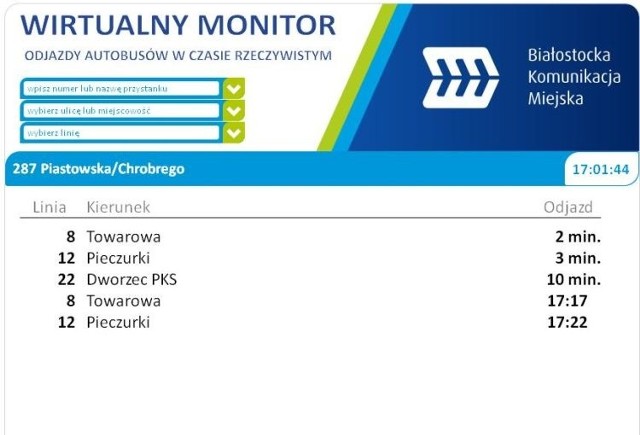 Wirtualny Monitor dostępny jest pod adresem www.przystanki.bialystok.pl