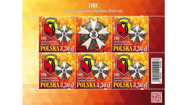 Okolicznościowy znaczek pocztowy na stulecie Jagiellonii Białystok