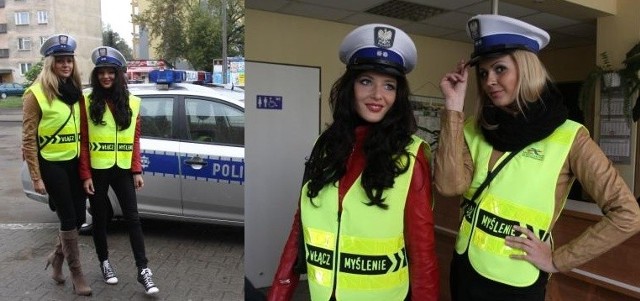 O 14.10 przy ulicy Chrobrego w Radomiu piękne panny rozdawały odblaski. W policyjnych czapkach Angelika Jakubowska (od prawej) i Klaudia Natorska budziły respekt.