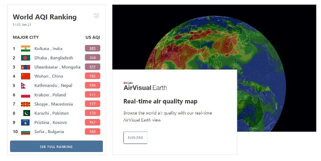 Ranking AirVisual z godziny 17.30 w poniedziałek 21 stycznia