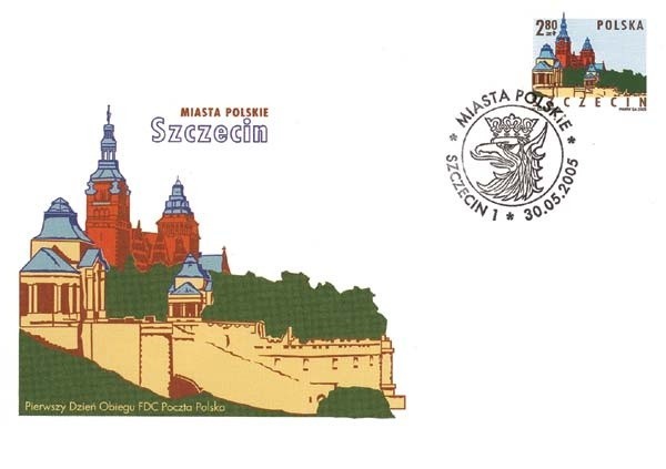 Zaprezentowana przez Pocztę Polską okolicznościowa "szczecińska&#8221; koperta ze znaczkiem, na którym według poczty jest zamek.
