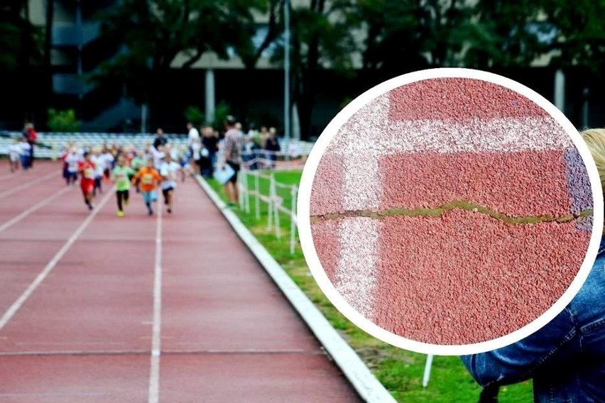 Fragment bieżni na prostej na stadionie lekkoatletycznym w...