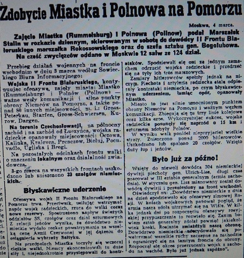 Artykuł z 1945 r. o zdobyciu Miastka (Rummelsburga)
