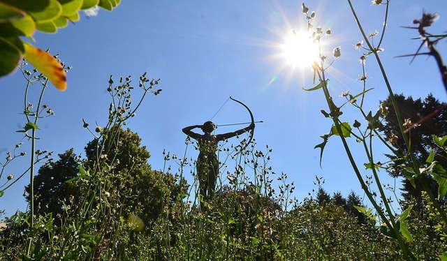 Wokół rzeźby Łuczniczki rośnie wysoka trawa