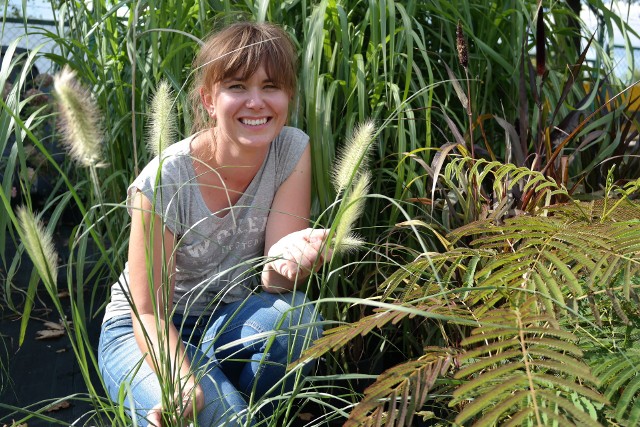 Ewelina Gaweł, sprzedawca z ACM Agrocentrum w Kielcach prezentuje wysokie trawy ozdobne.