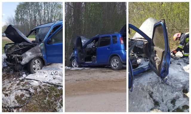 Strażacy z OSP Nowokornino gasili pożar osobowego suzuki