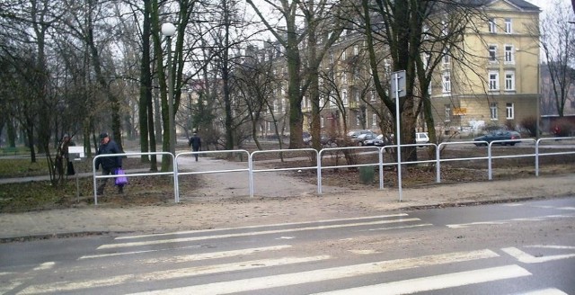 Metalowe barierki stanęły na chodniku przy ulicy Kościuszki, utrudniając pieszym wyjście z parku.