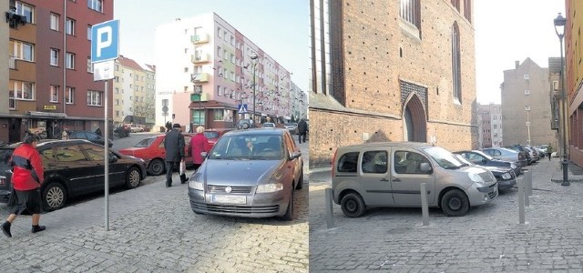 Tak wygląda parkowanie na ulicy Grodzkiej (z lewej) oraz placyk obok kolegiaty i Rynku Staromiejskiego (z prawej).