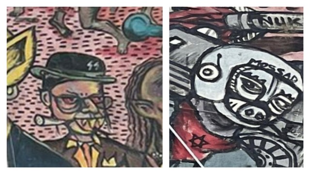 Wśród motywów, które wzbudziły największe oburzenie jest praca indonezyjskiego kolektywu artystycznego Taring Padi'. Przedstawia ona ubranego w garnitur i krawat mężczyznę, mającego zęby rekina, w ustach cygaro. Spod kapelusza oznakowanego literami SS wystają mu pejsy