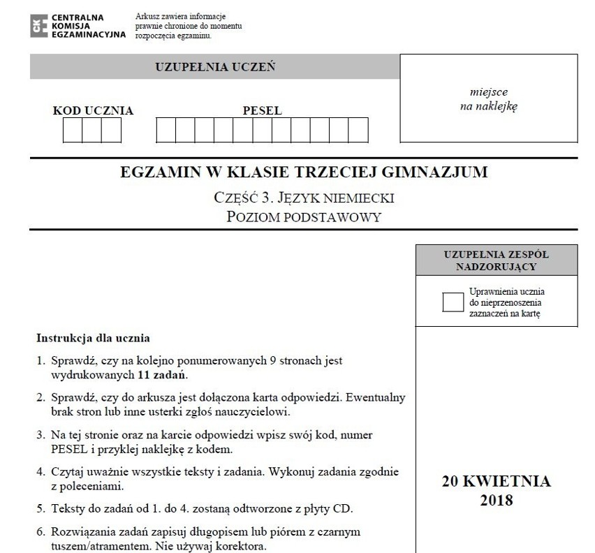 EGZAMIN GIMNAZJALNY 2018. Język niemiecki - arkusze CKE i...