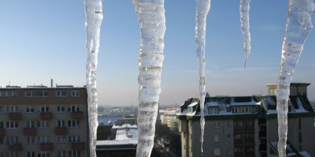 Zima z okna wieżowca w centrum Szczecina.