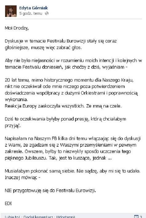 Wpis Edyty Górniak z Facebooka (fot. screen Facebook)