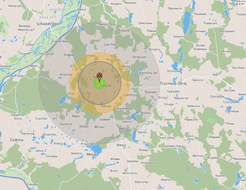 Zasięg rażenia potencjalnej bomby nuklearnej o masie 150 kt...