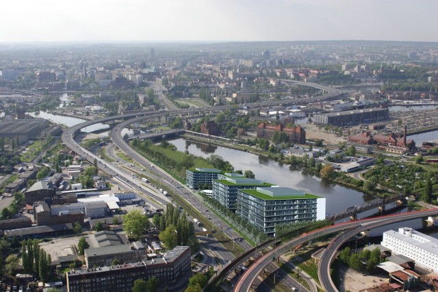 Biurowce i hotel wkomponowane w panoramę Szczecina.