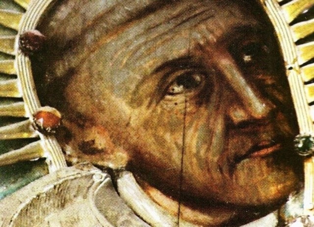 Fragment obrazu olejnego anonimowego malarza, wiszący nad relikwiarzem w Archiopactwie Cystersów w Jędrzejowie. Przedstawia Wincentego Kadłubka.
