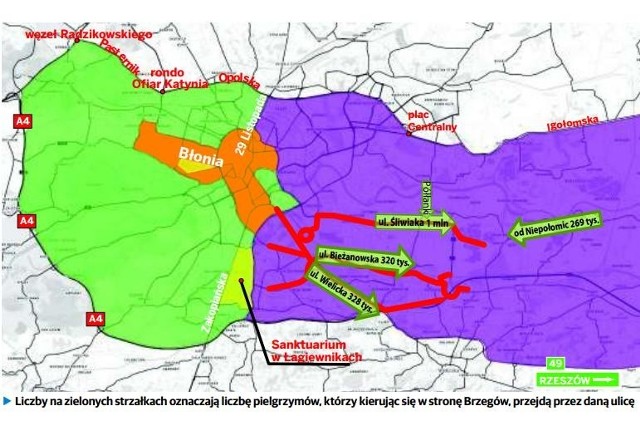 Ograniczenia dla ruchu będą obowiązywać w strefach zaznaczonych na mapie na żółto:1. Błonia (ulice graniczne: al. 3 Maja, ul. Piastowska, al. Focha)od 23 lipca do 1 sierpnia2. Tereny sanktuariów w Łagiewnikach, od 26 do 31 lipca.Nie wjadą tu pojazdy,  z wyjątkiem mieszkańców, MPK, zaopatrzenia (w godz. 24-9) i taksówek, ale tylko za zgodą zarządcy drogi.   Identyczne założenia co do wjazdu pojazdów (w dniach 26 lipca - 1 sierpnia) przyjęto dla obszaru ograniczenia ruchu I (pomarańczowy) obejmującego centrum Krakowa.   Wyznaczono też II (zielony) i III (fioletowy) obszar ograniczenia ruchu we wschodniej części Krakowa. W pierwszym z nich ograniczenia mają obowiązywać od 27 do 31 lipca, w drugim od 29 do 31 lipca.