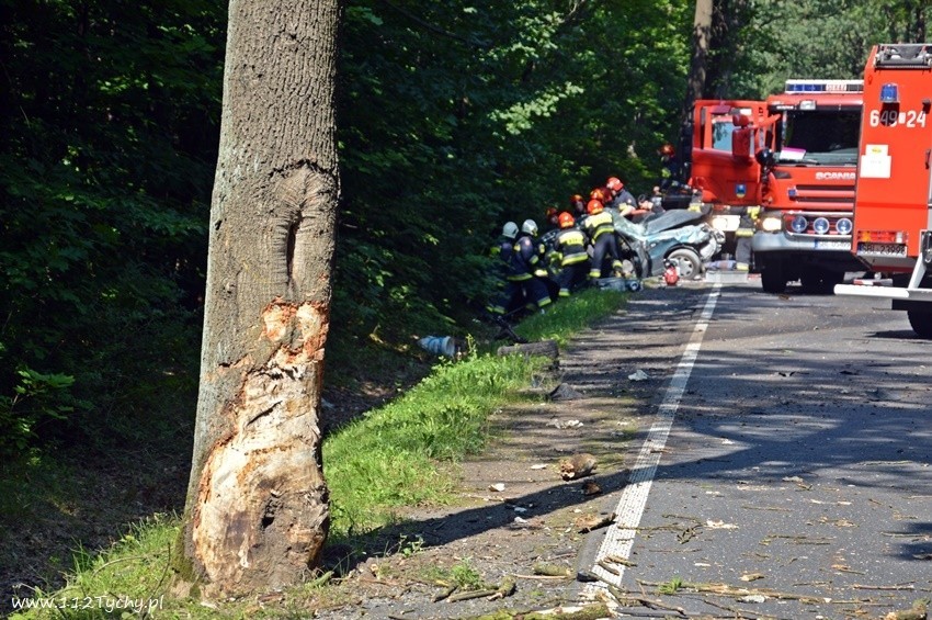 Śmiertelny wypadek w Bieruniu na DW 931. Kierowca daewoo uderzył w drzewo i przekoziołkował do rowu ZDJĘCIA