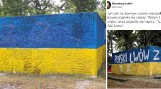 Kraków. Antyukraińskie napisy na postumencie po pomniku Koniewa przemalowanego w żółto-niebieskie barwy ZDJĘCIA 