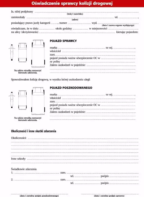 Druk oświadczenia sprawcy kolizji drogowej znajdziesz w linku poniżej