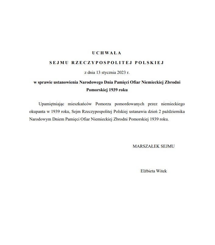 Uchwałą Sejmu - 2 października Narodowym Dniem Pamięci Ofiar Niemieckiej Zbrodni Pomorskiej 1939 r.