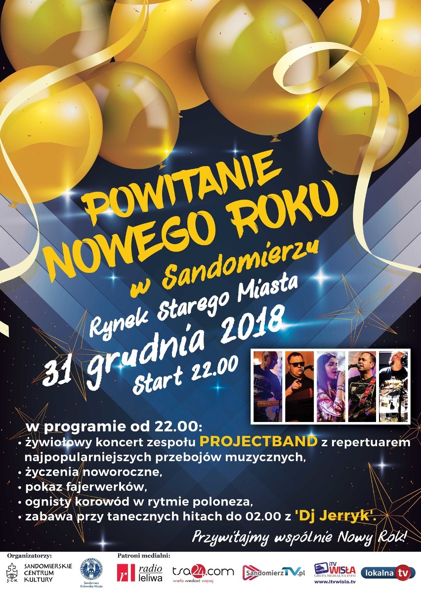 Powitanie Nowego 2019 Roku w Sandomierzu pod gwiazdami. Wystąpi zespół Projectband z repertuarem najpopularniejszych przebojów muzycznych
