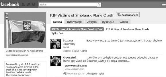 Jeden z profili na facebook'u poświęcony tragedii pod Smoleńskim. Użytkownicy znanego portalu społecznościowego wyrażają tu swój ból, ale nie tylko...