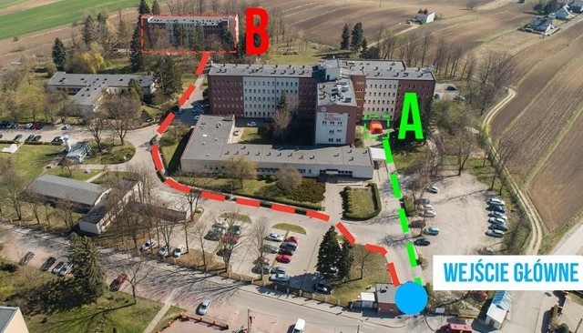 Grafika ilustrująca dwie ścieżki dla pacjentów szpitala w Proszowicach