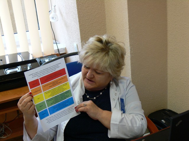 Beata Wiater pokazuje opis poszczególnych kolorów opasek, które będą zakładane pacjentom.