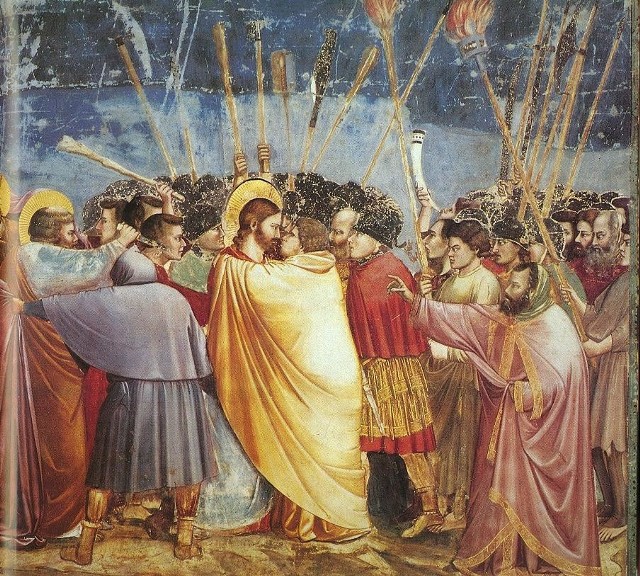 Pocałunek Judasza. Fresk Giotta z kaplicy Scrovegnich w Padwie.