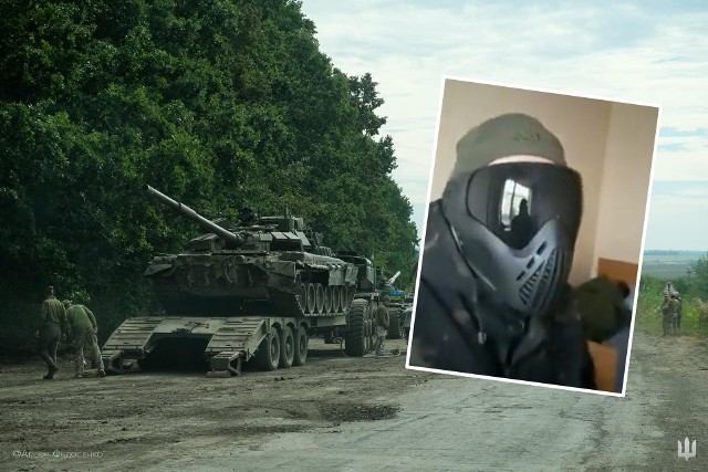 Zdobyczny czołg i element "wojennego" wyposażenia rosyjskiego żołnierza - plastikowa maska do paintballa