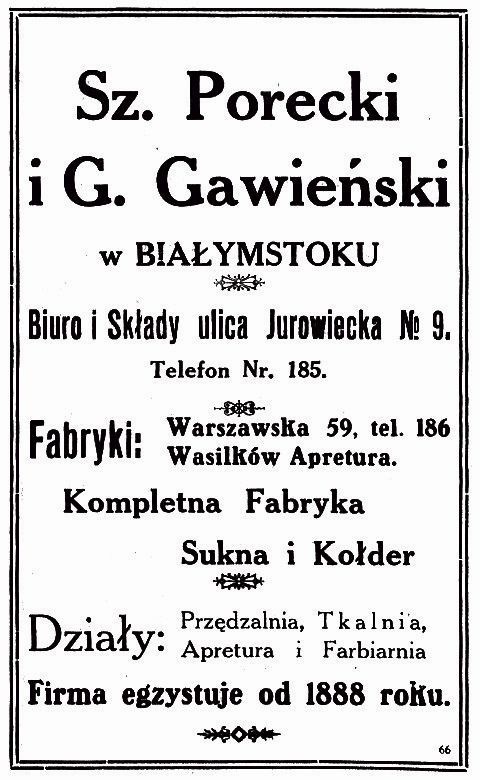 Reklama fabryki Szmula Poreckiego i Gdala Gawieńskiego z 1921 r. (źródło: Białystok ilustrowany. Zeszyt pamiątkowy, pod red. A. Lubkiewicza, Białystok 1921).