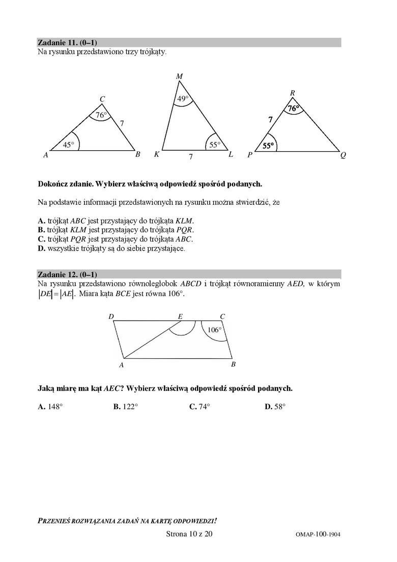 Egzamin ósmoklasisty 2019 Matematyka [ODPOWIEDZI ARKUSZE, ZADANIA] Egzamin  8-klasisty z matematyki 16.04.2019 | Głos Koszaliński