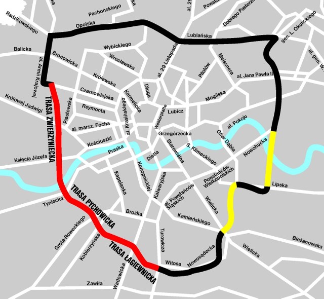 Na czerwono zaznaczone są trasy, które miasto miałoby wybudować wspólnie z PIR. Na czarno gotowe już odcinki trzeciej obwodnicy Krakowa. Na żółto fragmenty, które muszą powstać w przyszłości.