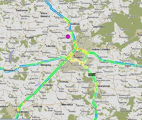 Na interaktywnej mapie możemy zobaczyć orientacyjną prędkość pojazdów na trasie.