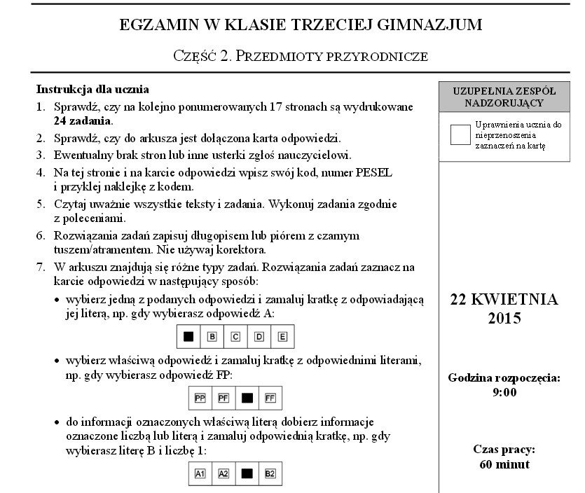 Egzamin Gimnazjalny 2015 Przyroda i Matematyka - ARKUSZ CKE
