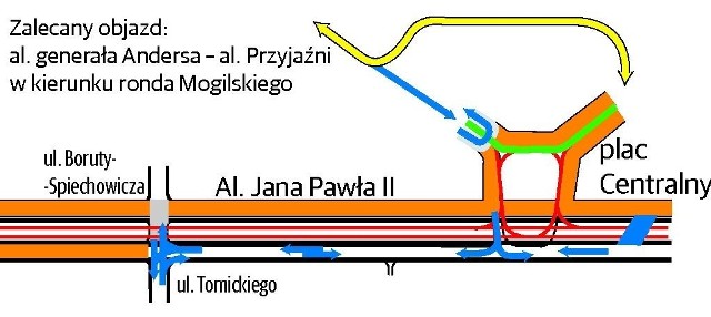 Tak będzie wyglądała nowa organizacja ruchu przy pl. Centralnym. Na pomarańczowo zaznaczyliśmy wyłączone z ruchu jezdnie. Na czerwono modernizowane torowisko, po którym nie mogą teraz jeździć tramwaje, na żółto - zalecany objazd