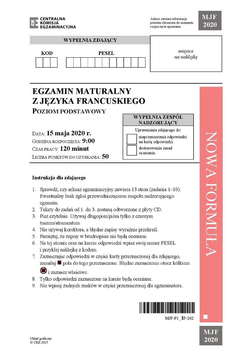 CKE opublikowało arkusz z matury z języka francuskiego na...