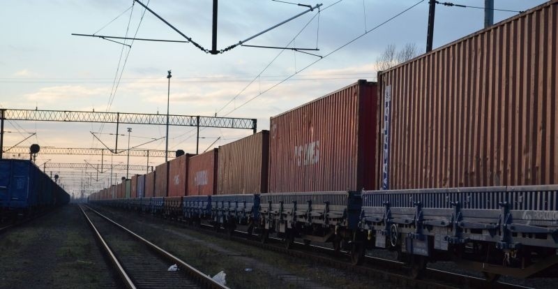 Wagony towarowego pociągu z Chin na stacji Łódź Olechów.