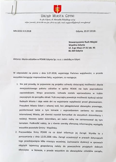 Ruch Miejski Wspólna Gdynia dopytuje o sytuację w PEWIK. Miasto odrzuca zarzuty dotyczące uchwały ws. zbycia części udziałów spółki