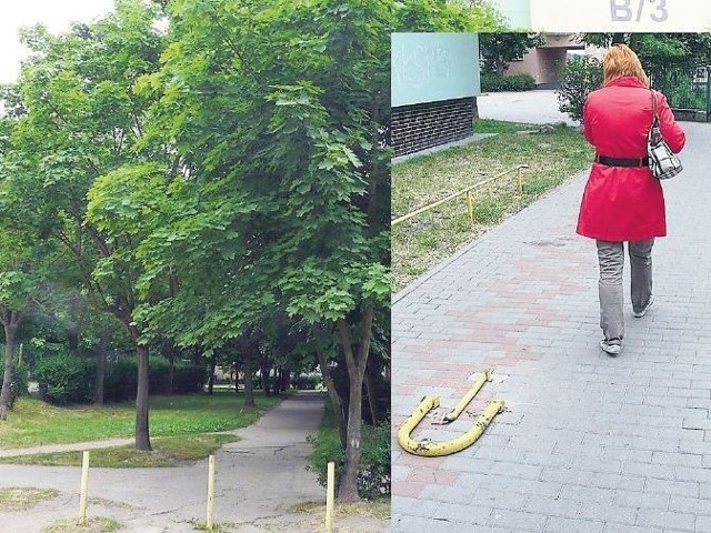 Z jednej strony bloku B3 na osiedlu Zachód znajdują się cztery metalowe słupki, z drugiej strony dwie podnoszone blokady. 